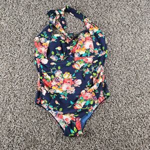 Womens Sz 2XL One Piece Halter Style Swimsuit Blue Bright Floral Print